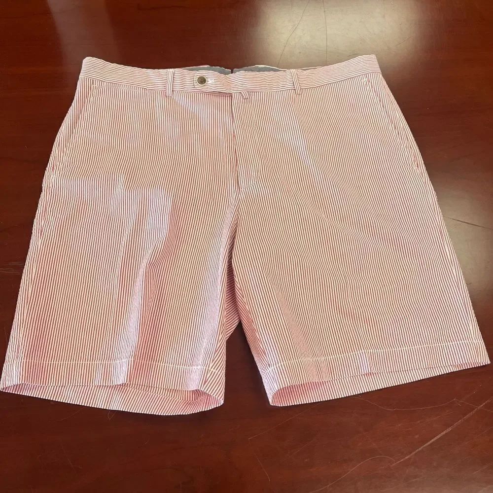 Peter Millar Red & White Seersucker Bermuda Shorts sz 38 EUC